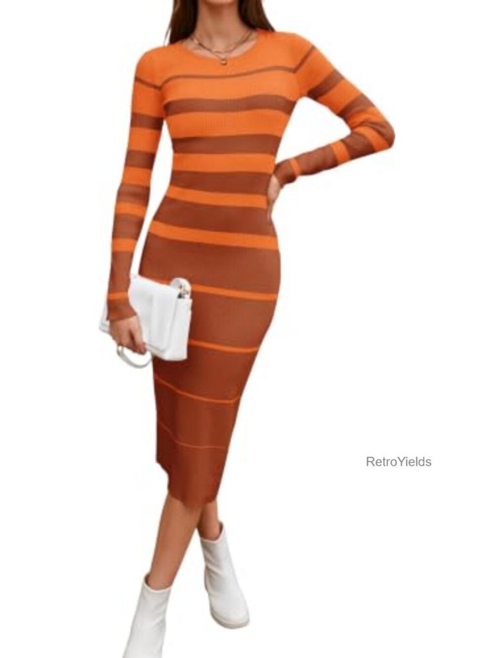 Ribbed Knit Long Sleeve Bodycon Midi Sweater Dress Crew Neck Striped